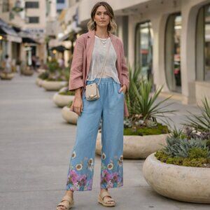 BOHO Me & Gee Linen Blue Floral Wide-Leg Pants with Pockets SZ M Made in Italy